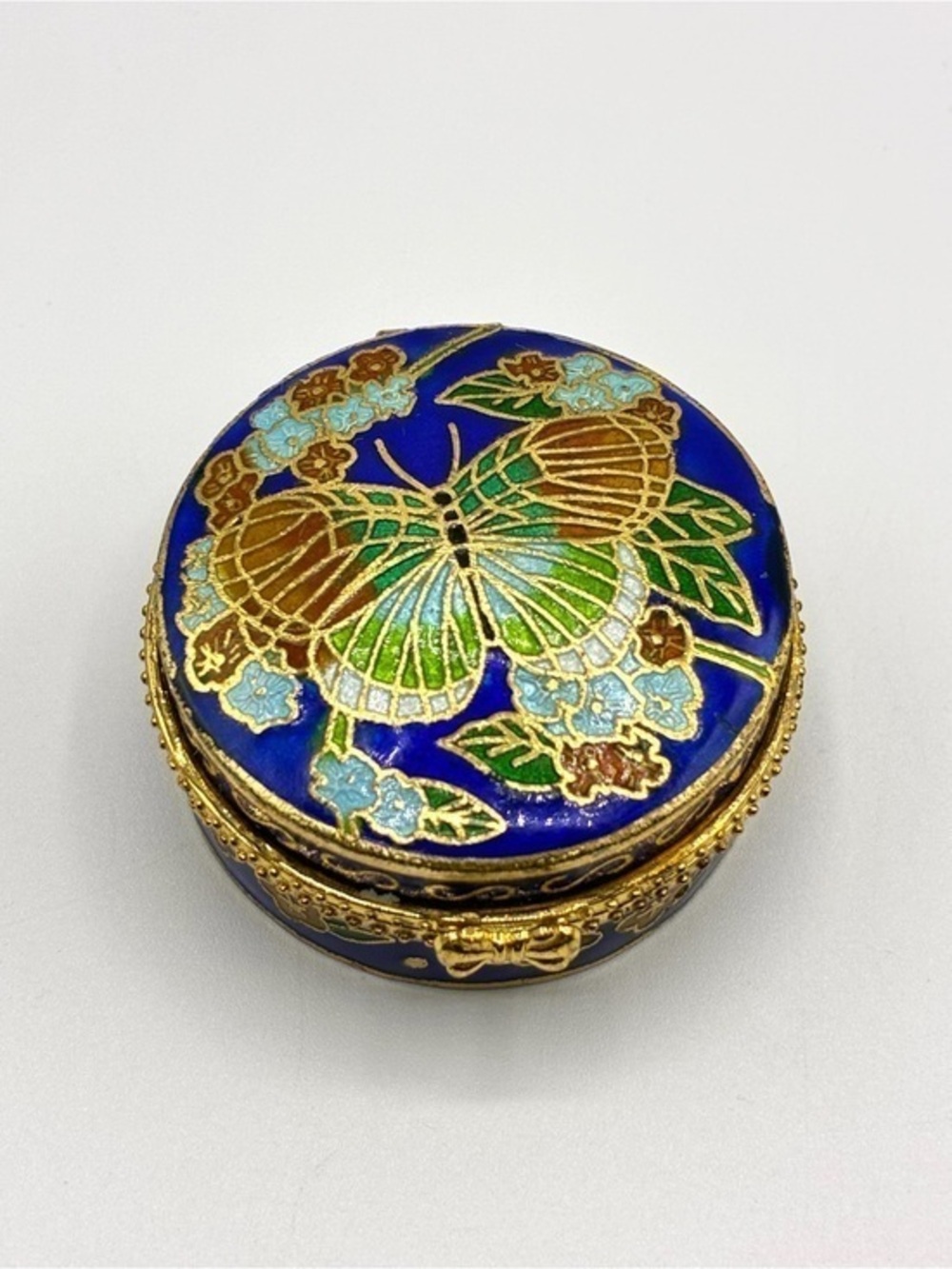 Vintage Cloisonné Butterfly Trinket Box Blue Enamel Floral Round Pill Box